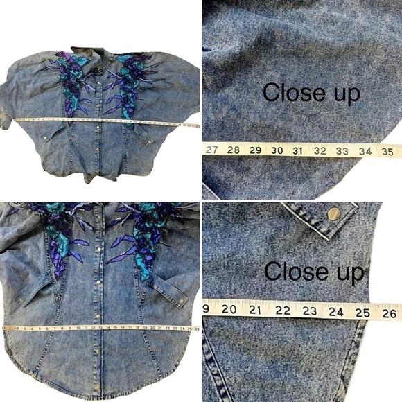 VINTAGE 80s JEANS JACKET WITH PURPLE RUFFLE BEADED DESIGN FRONT SNAP WOMEN LARGE - Picture 9 of 9